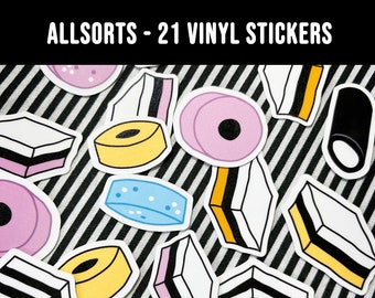 ALLSORTS - Set of 21 Stickers, Vinyl Waterproof stickers, vintage candy stickers, Stickers for laptop or water bottle, glossy one inch