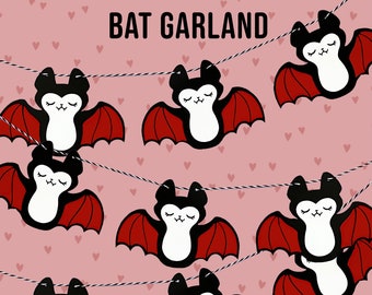 Bat Garland, Hanging paper garland, black and red, bat banner, bat party decorations, bat birthday, bat home decor, Halloween decoration,