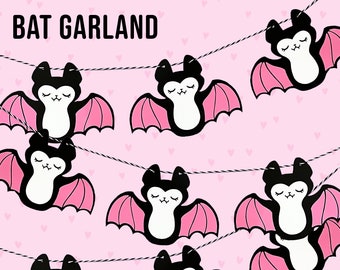 Pink Bat Garland, Hanging paper garland, cute bats, bat banner, bat party decorations, bat birthday, bat home decor, Halloween decoration,