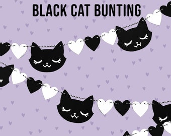 Black Cat Bunting, Hanging paper garland, cats and hearts party decor, Cat Banner, Cat party decorations, black cat birthday, cat home decor