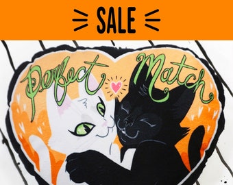 Cats Pillow 30% off SALE, Perfect Match, Black Cat White Cat in Love, Super soft art pillow, plush black backing, best freinds, lovecats