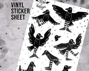 Crow Vinyl Sticker Sheet - Glossy waterproof stickers to decorate laptop, water bottles, notebooks, Spooky cute crow 8 sticker set, raven