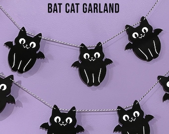 Bat Cat Garland, Hanging paper bunting, black cat party decor, Cat Banner, Cat party decorations, black cat birthday, bat winged spooky cat