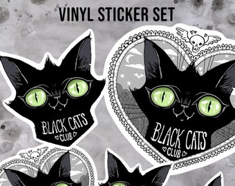 Black Cats Club Sticker Set, Glossy waterproof stickers to decorate your laptop, waterbottle or anywhere, 5 sticker set, black cat lover