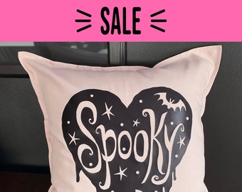 Spooky Pillow Cover - SALE - Save 30% - Light Pink Cotton with vinyl image - Bats and stars in a spooky heart - Pillow not included