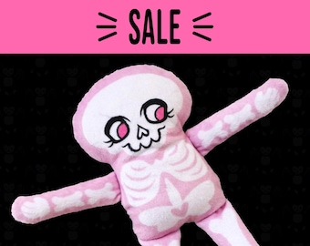 Sale 30% off - Pink Skeleton Doll, Pink and Black spooky cute plush toy, Super soft custom printed fabric, baby pink soft skeleton toy