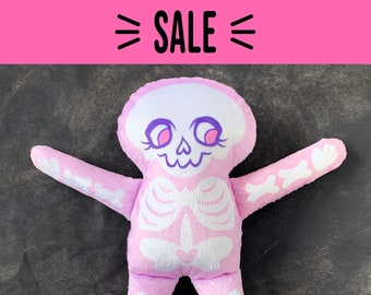 Sale 30% off - Pink Skeleton Doll, Super soft fabric plush skeleton, pink and purple, handmade by the artist, cute and spooky toy, goth gift