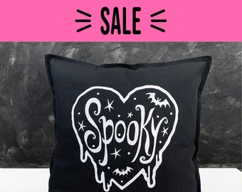 Spooky Pillow Cover - SALE - Save 30% - Black Cotton with vinyl image - Bats and stars in a heart - Pillow not included - bats on back
