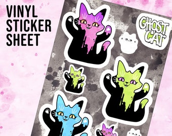 Ghost Cat Vinyl Sticker Sheet - Glossy waterproof stickers to decorate laptop, water bottles, notebooks, slime ghost cat 8 sticker set,