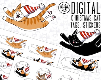 Cat Christmas Gift Tags and Seals - Digital files - Six Colours - You can print as stickers, labels, Holiday gift tags, crafts -Personal use