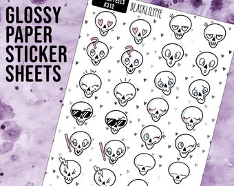 Skull Feels Sticker Sheet - 60 Glossy paper stickers to use on planners, mail, notebooks, TWO SHEETS Spooky cute tiny skull emoji stickers
