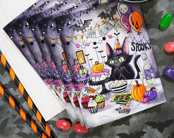 Set of 5 Halloween Party Cat Cards - Glossy blank greeting invitation cards with envelopes