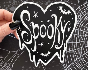 Spooky Sticker - Vinyl waterproof large sticker - Heart shaped with stars and bats - high quality black and white sticker