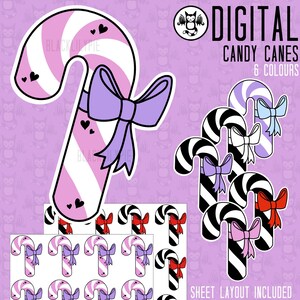Candycane-clipart: digitale kerstdownload om stickers, cadeaukaartjes en knutselwerkjes te maken. Zes kleuren inbegrepen, lay-out inbegrepen, png