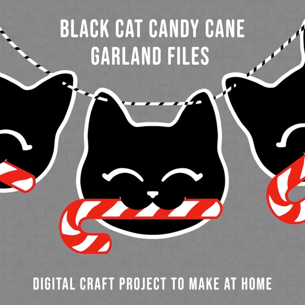 Black Cat with Candy Cane Garland Files - Digital - Make your own paper garland for Christmas, download, Holiday crafts, Christmas cat