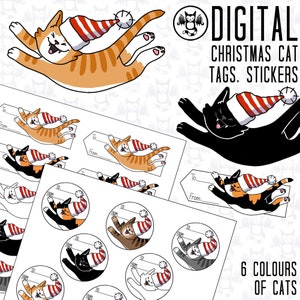 Kerstcadeaukaartjes en zegels kat - Digitale bestanden - Zes kleuren - Je kunt afdrukken als stickers, etiketten, cadeaulabels voor de feestdagen, knutselen - Persoonlijk gebruik