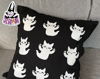 Ghost Cat Pillow Cover - Seconds Sale SAVE 30 percent - Black Cotton throw pillow cover with vinyl image - Pillow not included
