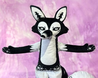 Night Fox, A Handmade original design doll, Comes with Moon Fox friend, Made by artist in the studio, Black and white fox doll, moon toy