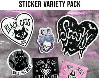 Variety Pack of Stickers, 6 vinyl stickers included, Spooky sticker, black cat sticker, skull sticker, batcat sticker, large stickers