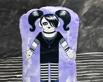 Goth Girl Art Pillow - 2000's goth girl with striped tights, fishnets and black dress - Gothic decor accent pillow Goth GF -Boy Not included