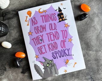 Birthday Card - Glossy greeting card with interior message 'I Friggan love it!' - Comes with address and seal stickers, black cat, haunted