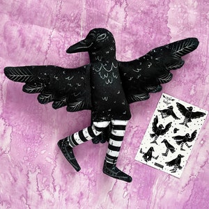 Crow - Plush doll with matching vinyl sticker sheet - spooky black and white custom printed art on super soft fabric