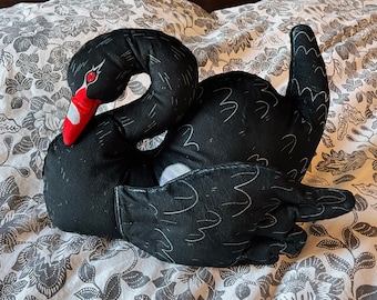 Black Swan Pillow - Black swan with hidden babies under the wing, Super soft custom printed fabric, handmade by the artist, white cygnets