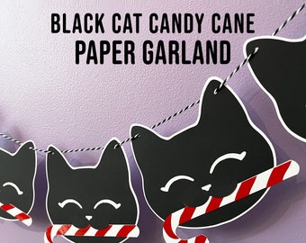 Candy Cane Black Cat Garland, Hanging paper garland for your Holiday Home -cChristmas decorations, black cat decor, Handmade Christmas