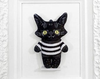 Illustrated black cat doll printed on soft minky fabric - Trouble Cat Alex in a Sweater