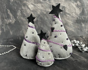 Fabric Christmas Trees, Holiday Decor, stuffed trees with beads and felt decorations, Perfect for tables, mantles and shelves, purple black