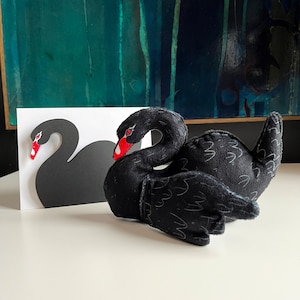 Black Swan Toy and Card Set Doll with hidden babies under the wing, Soft custom fabric, matching handmade card with hidden baby, new baby image 1