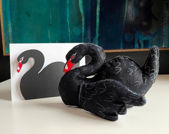 Black Swan Toy and Card Set - Doll with hidden babies under the wing, Soft custom fabric, matching handmade card with hidden baby, new baby