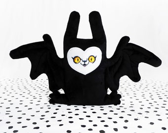 Black bat plush with a cute face with yellow eyes, Floppy Bat,  Super Soft goth bed decor, cute bat handmade plushie toy, Spooky cute bat