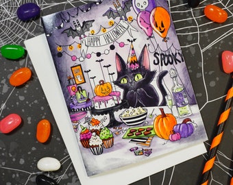 Halloween Party Cat - A glossy blank card featuring illustration of black cat and treats