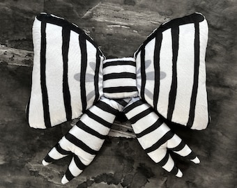 Plush Bow Pillow - Super soft minky bow shaped decor, Black White Stripes, black backing, Custom printed fabric,Spooky cute home decor, goth