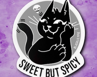 Sweet but Spicy Sticker - Vinyl waterproof sticker - Black cat with a sassy face, cat with skull, high quality black and white sticker