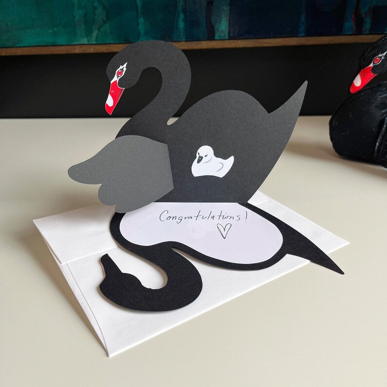 Black Swan Toy and Card Set Doll with hidden babies under the wing, Soft custom fabric, matching handmade card with hidden baby, new baby image 4