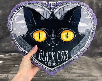 Black Cats Club Pillow - Super soft heart shaped pillow with cute black cat face