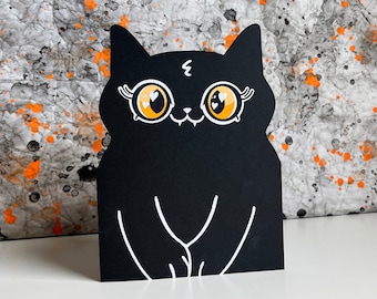 Cat Shaped Card - Handmade Blank Card - Black Cat with yellow eyes - Thick cardstock and a place to add your own message inside - Cute cat