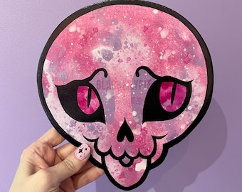 Pink Skull - Original Painting, Hand cut shape, acrylic painting ready to hang, Spooky Cute, real painting, original artwork by blacklilypie