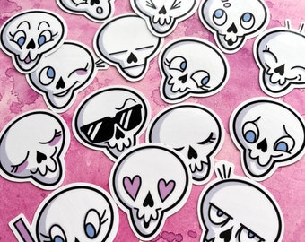 Set of 15 Skull Stickers, Vinyl Waterproof skull stickers, Skull Feels, Stickers for laptop or water bottle, Skull emoji stickers, glossy