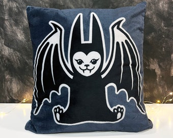 Cute Bat Pillow Cover, Super soft fabric throw pillow cover for 14 inch pillowform, cute bat on blue grey, back is modern spiderweb black