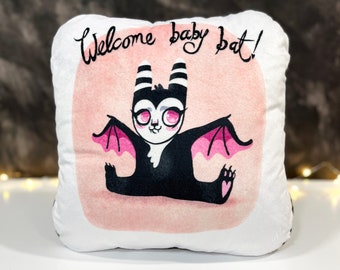 Welcome Baby Bat Decorative Pillow - Super soft art pillow with fuzzy black back - Goth Baby Nursery - Goth decor - Baby Bat  - BLPPIL214-B