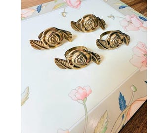 Vintage Solid Brass Rose Ring Napkin Holders Set Of 4 3" L 1.5" Diameter Floral