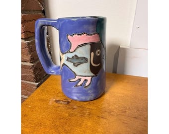 Mara Mexico Mug Handmade Stoneware Signed Art Pottery Fish Coffee Mug Cup VTG