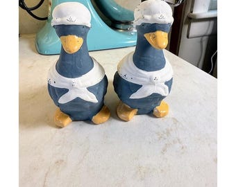 Blue Mother Goose Salt & Pepper Shakers Set Hand Painted VTG Ceramic Grannycore