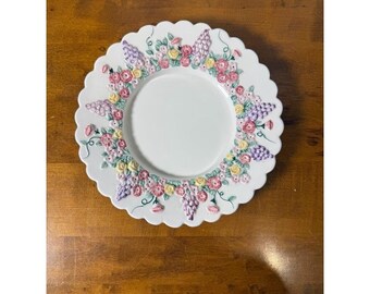 Vintage Yankee Candle Floral Embossed 3D Plate Scalloped Edge Lilacs Rose Pastel