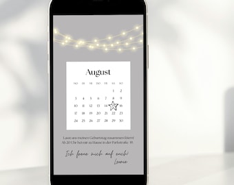 May include: A smartphone screen displaying a calendar for August with a star marking the 16th. The text below the calendar reads "Lasst uns meinen Geburtstag zusammen feiern! Ab 20 Uhr bei mir zu Hause in der Parkstraße 19. Ich freue mich auf euch! Leonie."