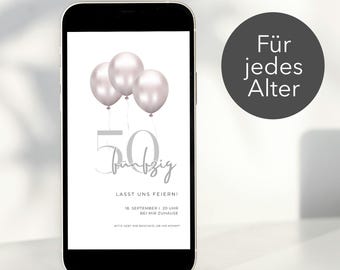 May include: A digital invitation with a white background and silver text. The text reads "50 bzig" with three silver balloons. The text below the balloons reads "Lasst uns feiern! 18. September | 20 Uhr Bei mir zuhause Bitte gebt mir Bescheid, ob ihr kommt".