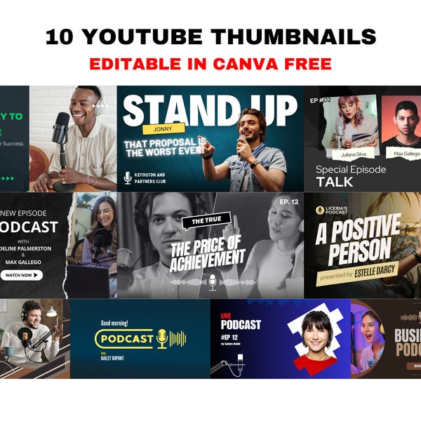 10 Podcast Cover Art Templates | YouTube Thumbnail | Trendy YouTube Thumbnails kit | Editable Podcaster Cover Graphics on CANVA | PDF format